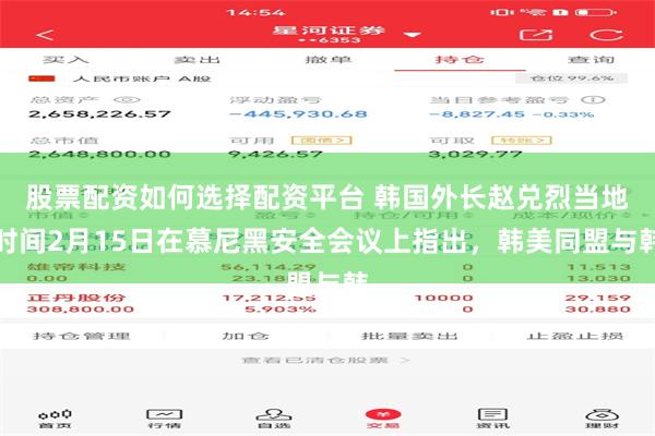 股票配资如何选择配资平台 韩国外长赵兑烈当地时间2月15日在慕尼黑安全会议上指出，韩美同盟与韩